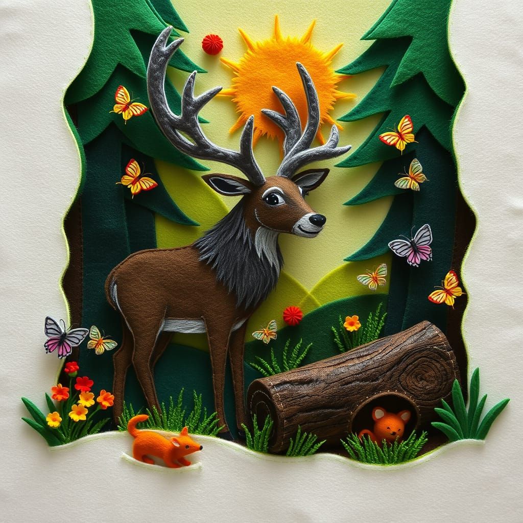 Handcrafted Felt Stag in Forest Diorama