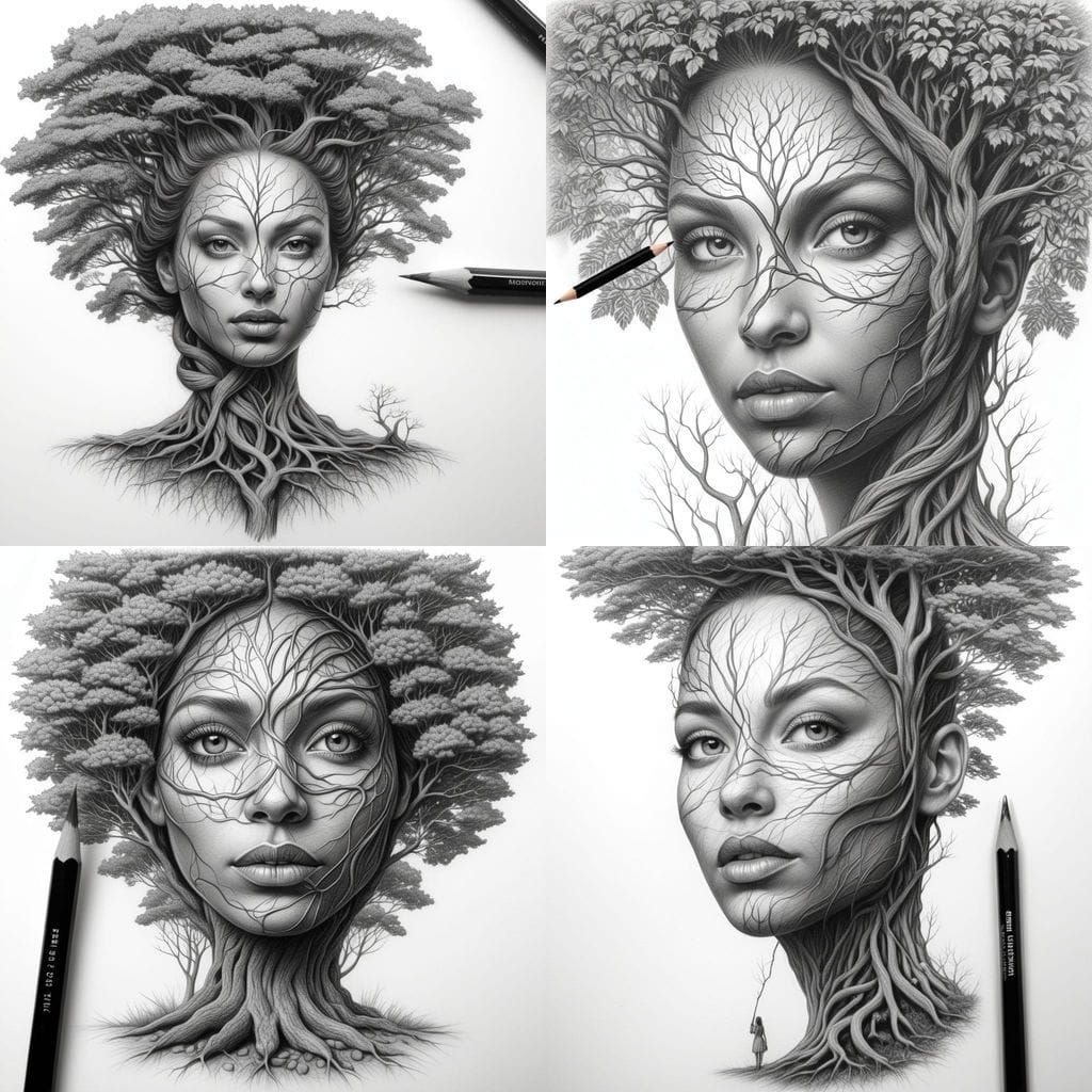 Tree Transforms Into Pencil Drawing Woman Portrait