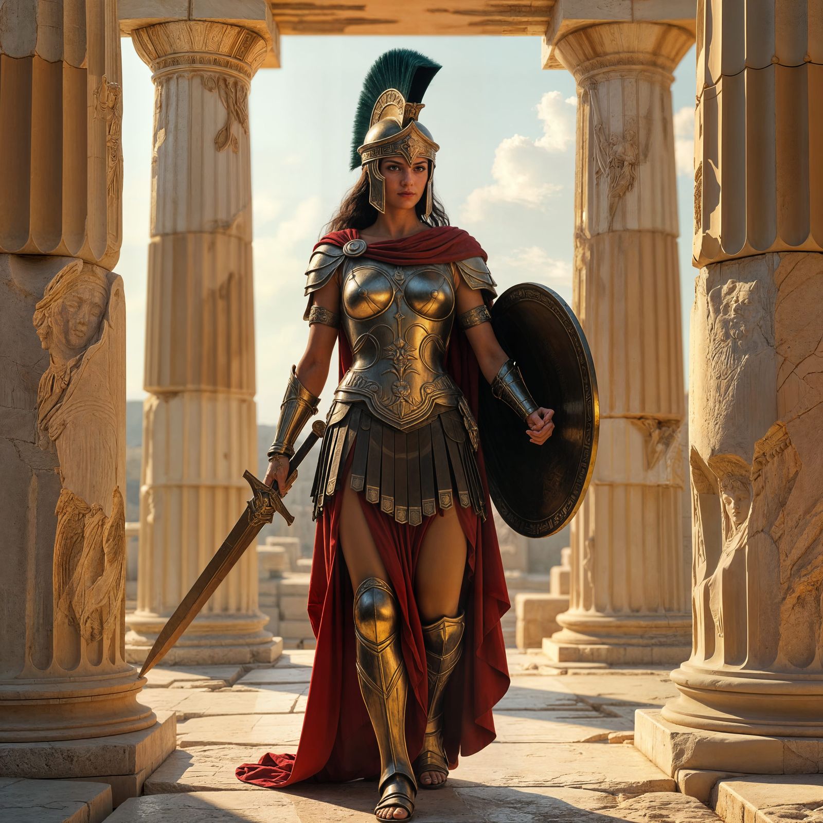 Athena Emerges from the Parthenon in Digital Art Style