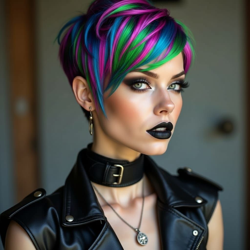 Rebellious Punk Woman with Green Eyes and Undercut Hair