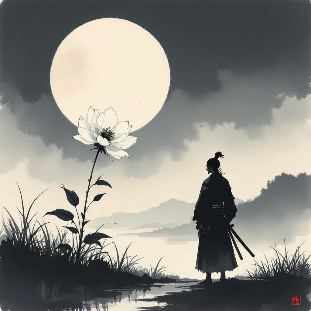 Samurai and Flower in Minimalist Japanese Ink Splash