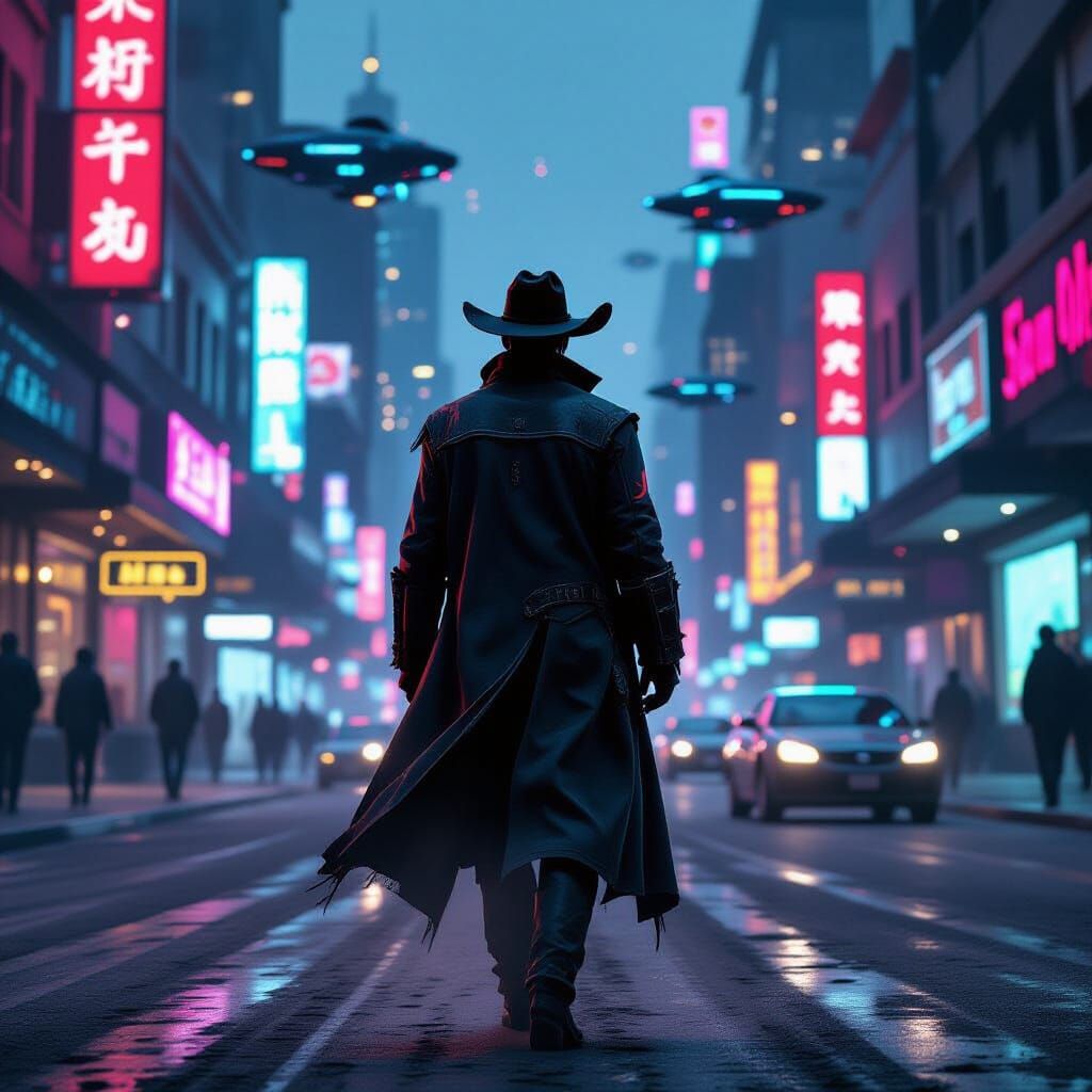 Cowboy in Cyberpunk City with Neon Accents