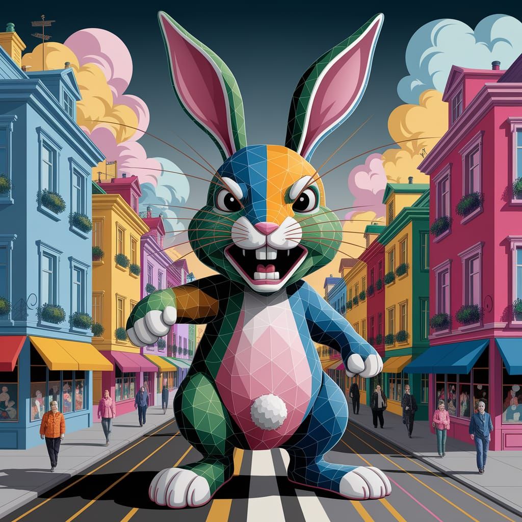 Vibrant Cubist Bunny Unleashes Fury in Whimsical Cityscape
