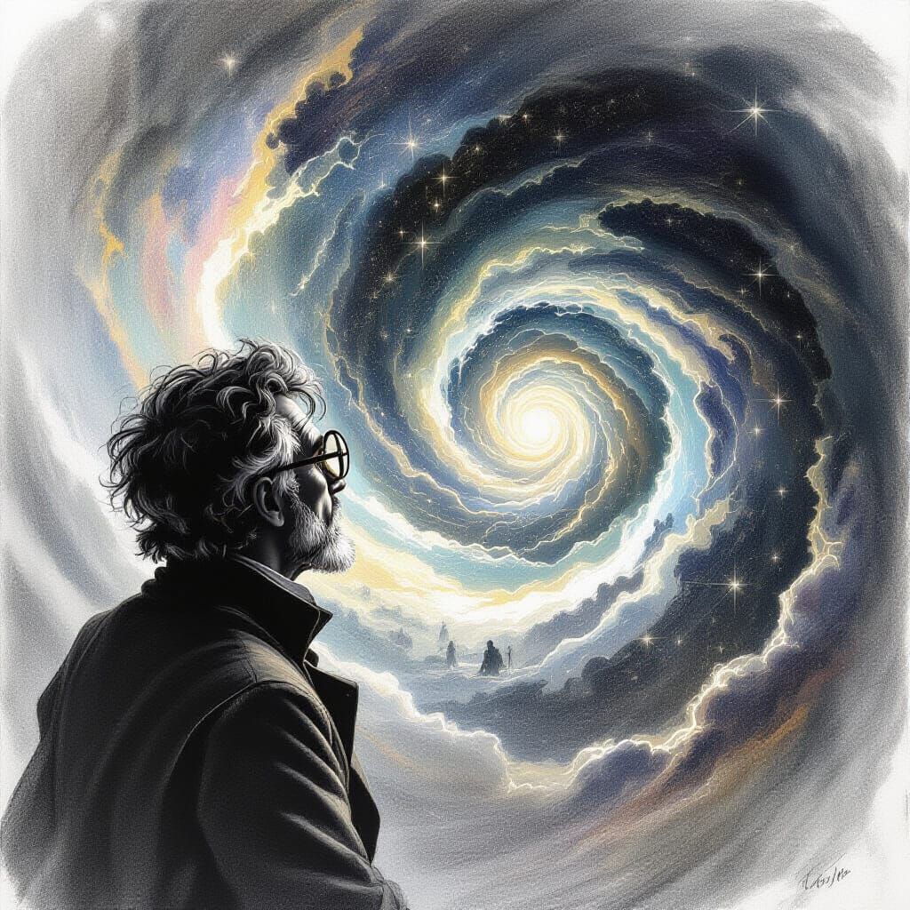 Figure Gazes Into Stardust Vortex, Pencil Sketch Style