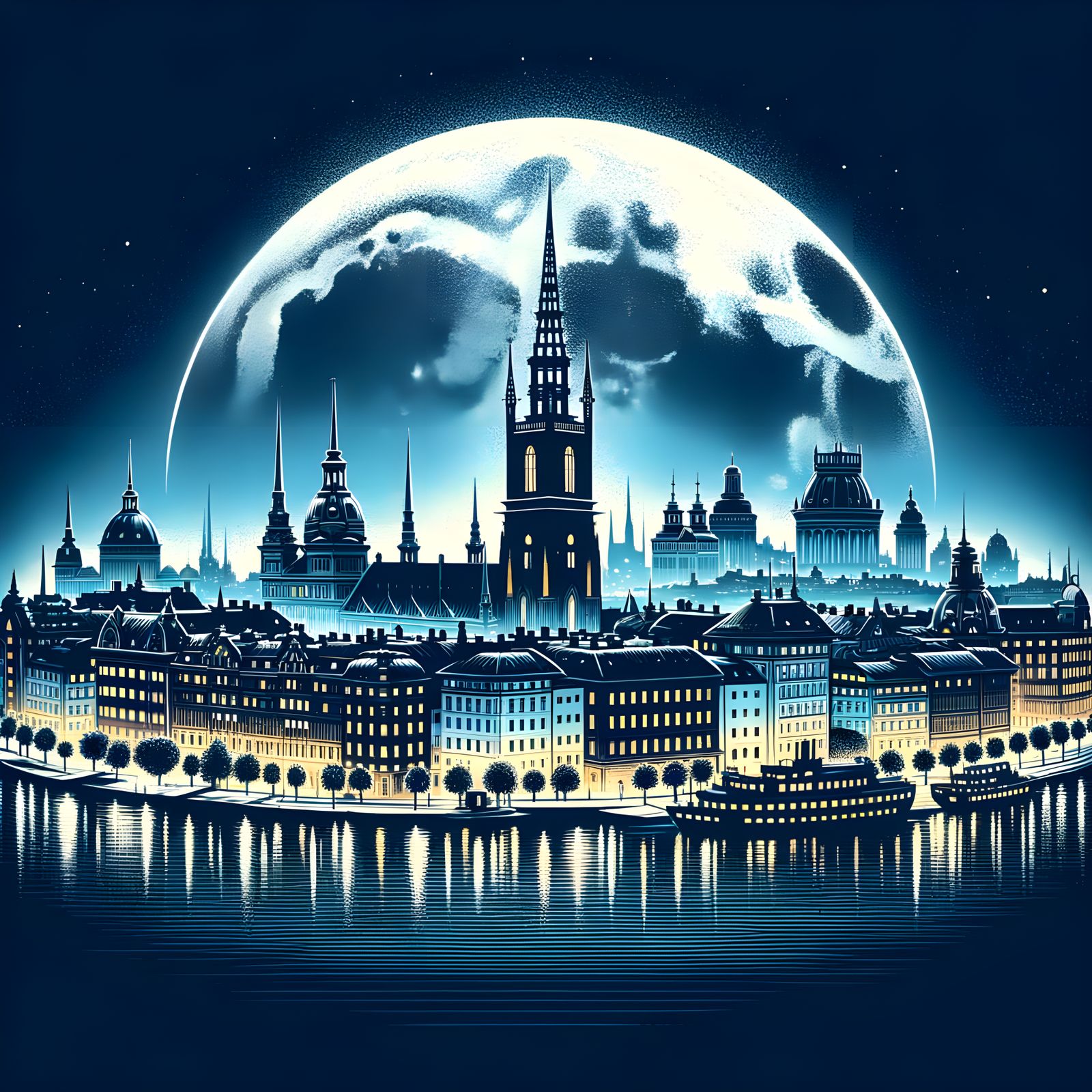 Stockholm Cityscape Under Moonlit Night Sky