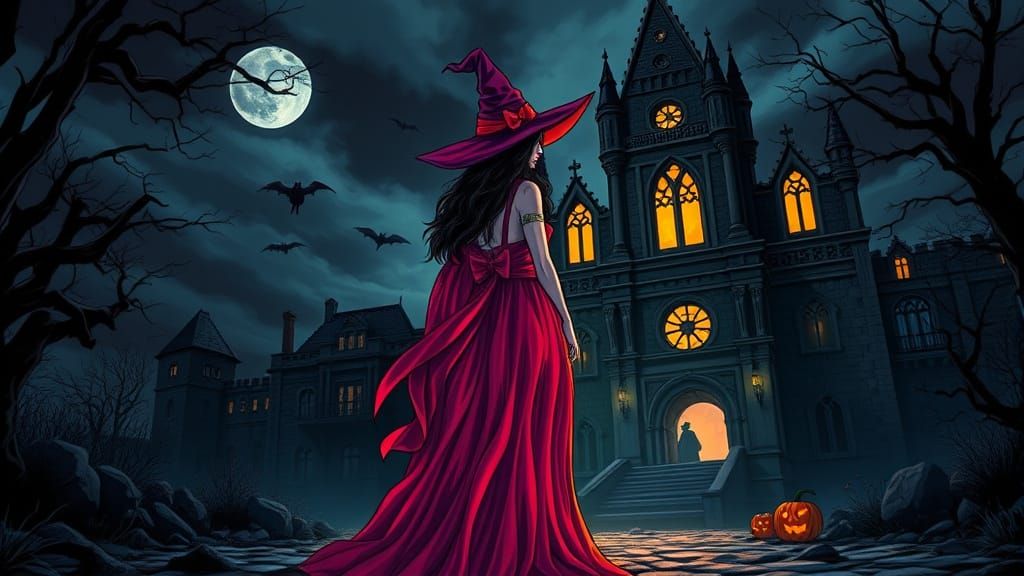 Witch Before Gloomy Castle on Halloween Night