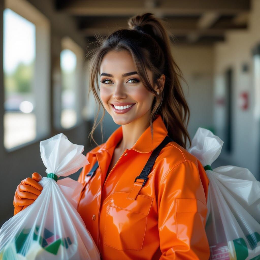 Woman in Latex Jumpsuit Holding Garbage Bags