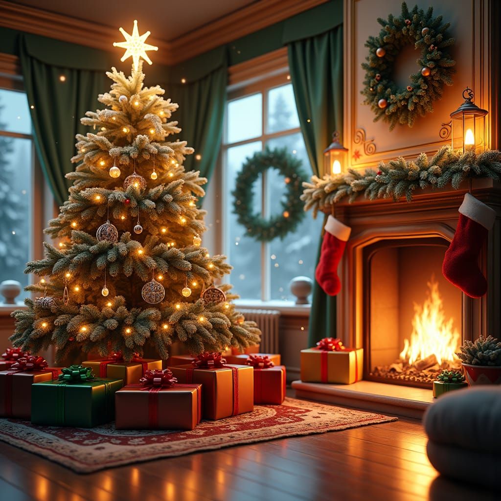 Golden Christmas Scene with Tree and Gifts