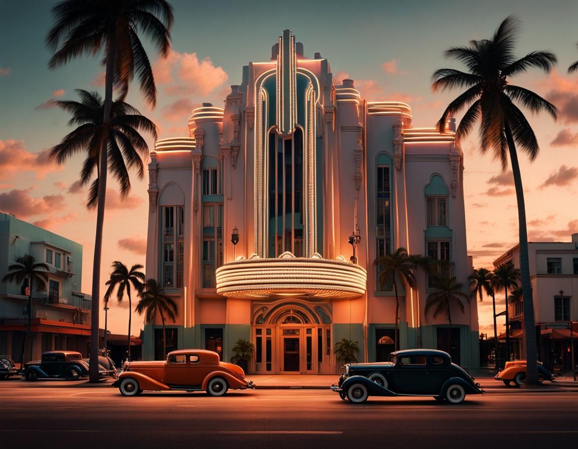 Miami Art Deco Streetscape at Magic Hour