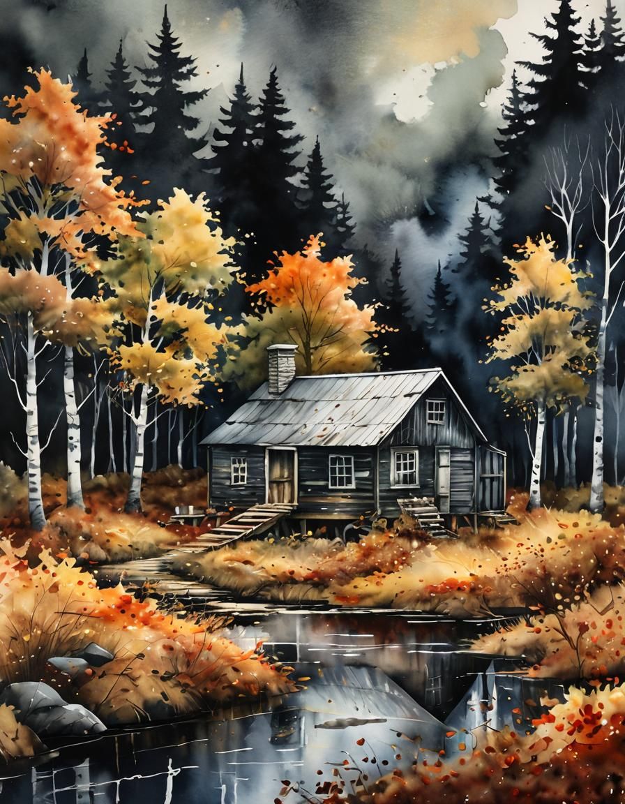 Overgrown Maple Shack in Moody Watercolour