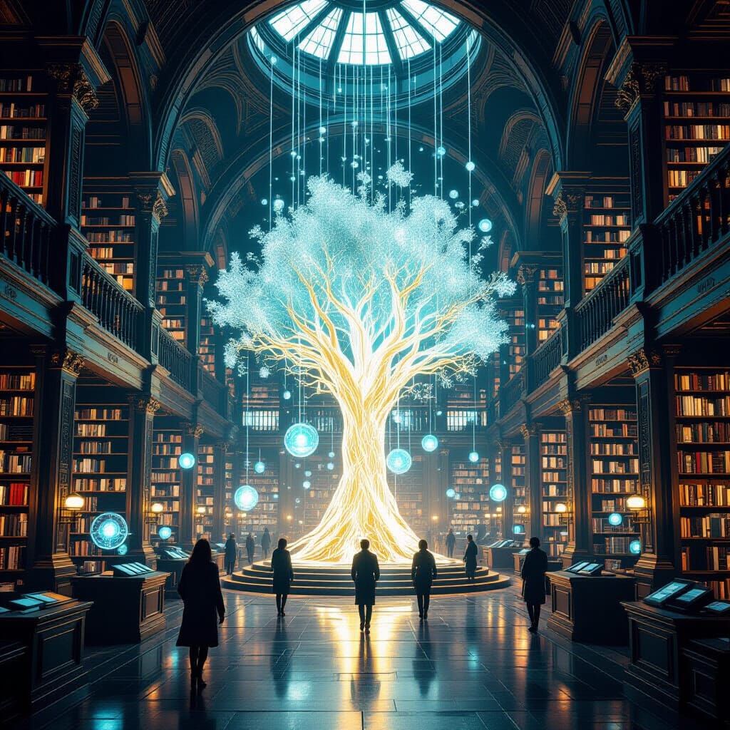 Ethereal Ancient Library with Holographic Projections