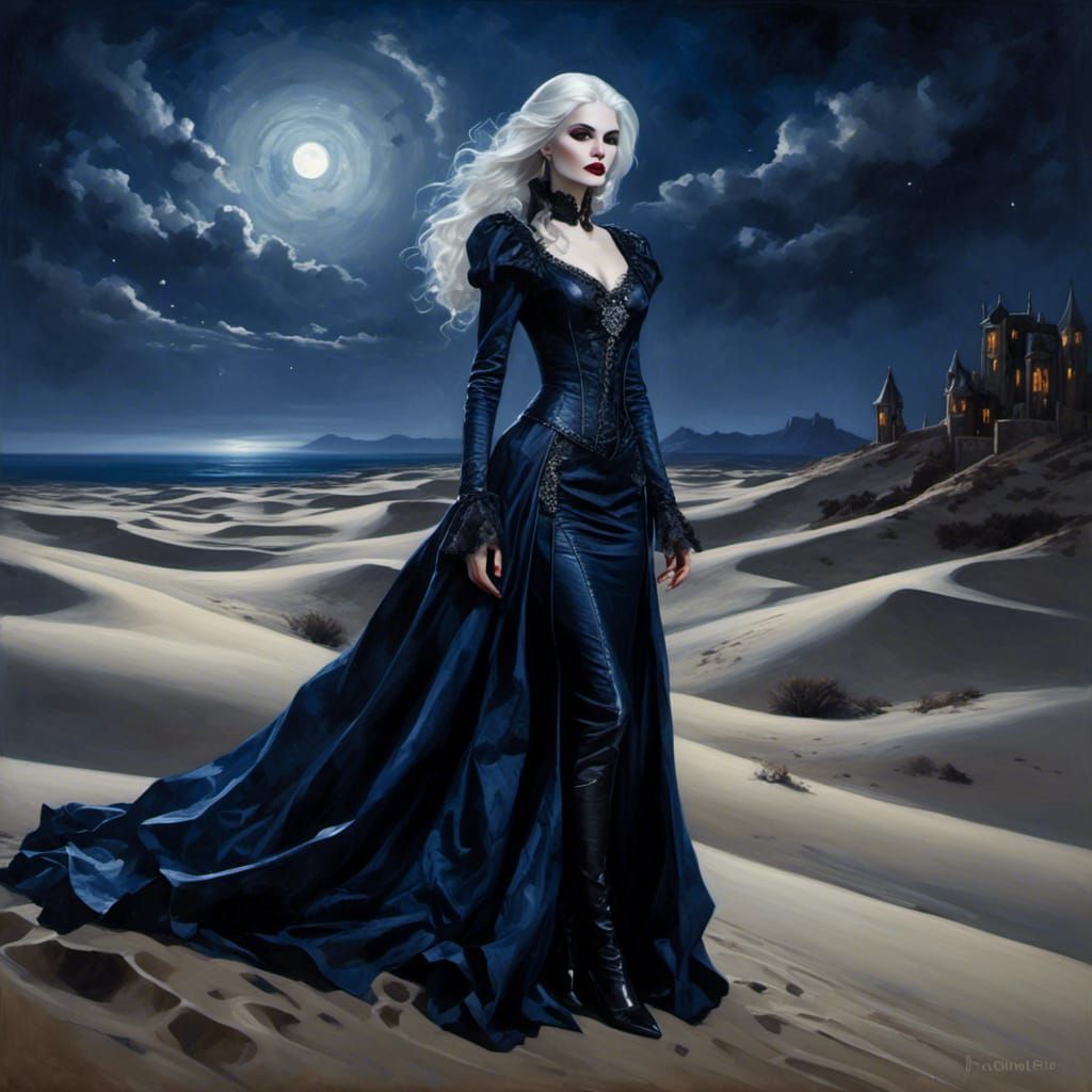 Gothic Vampire in Silver Desert Under Starry Sky