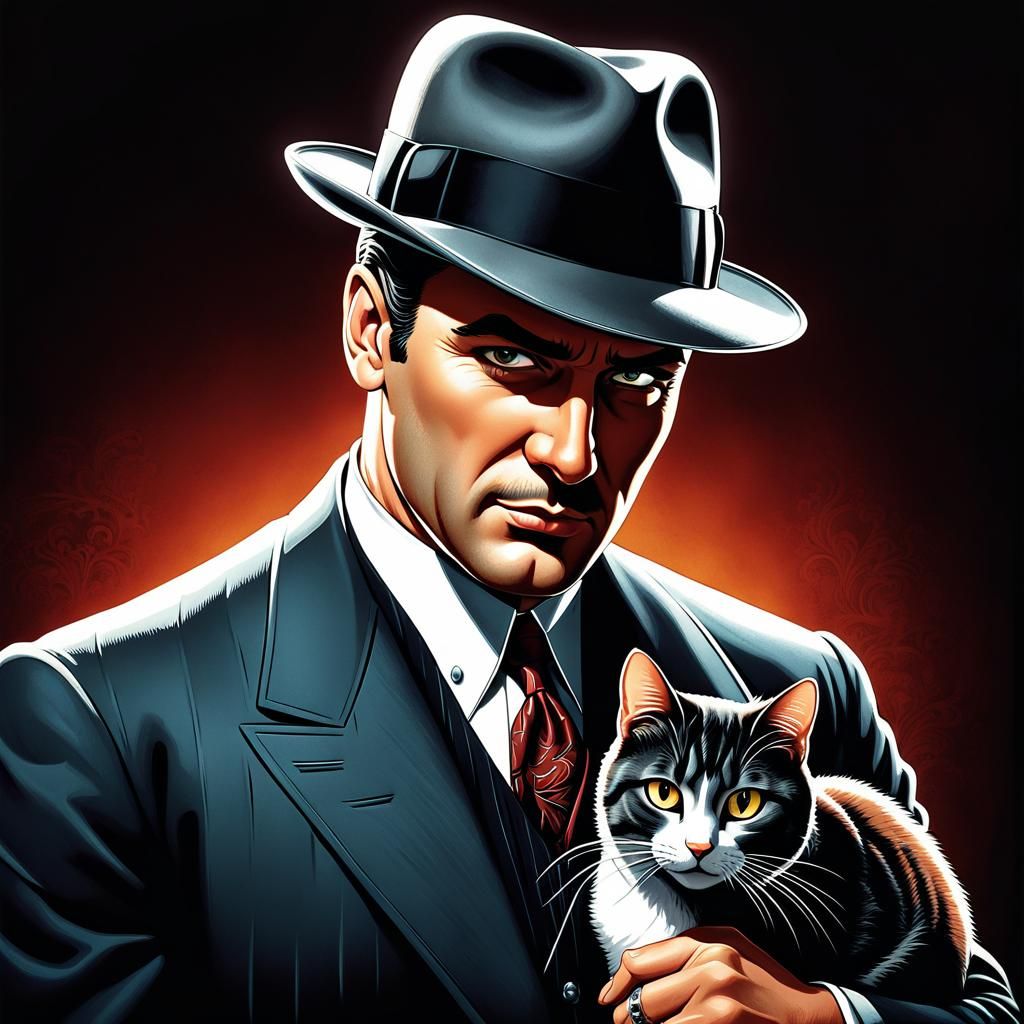 Mafioso with Cat in 1940s Cartoon Style