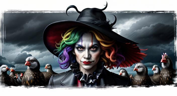 Surreal Portrait in Storm with Clowns and Otters