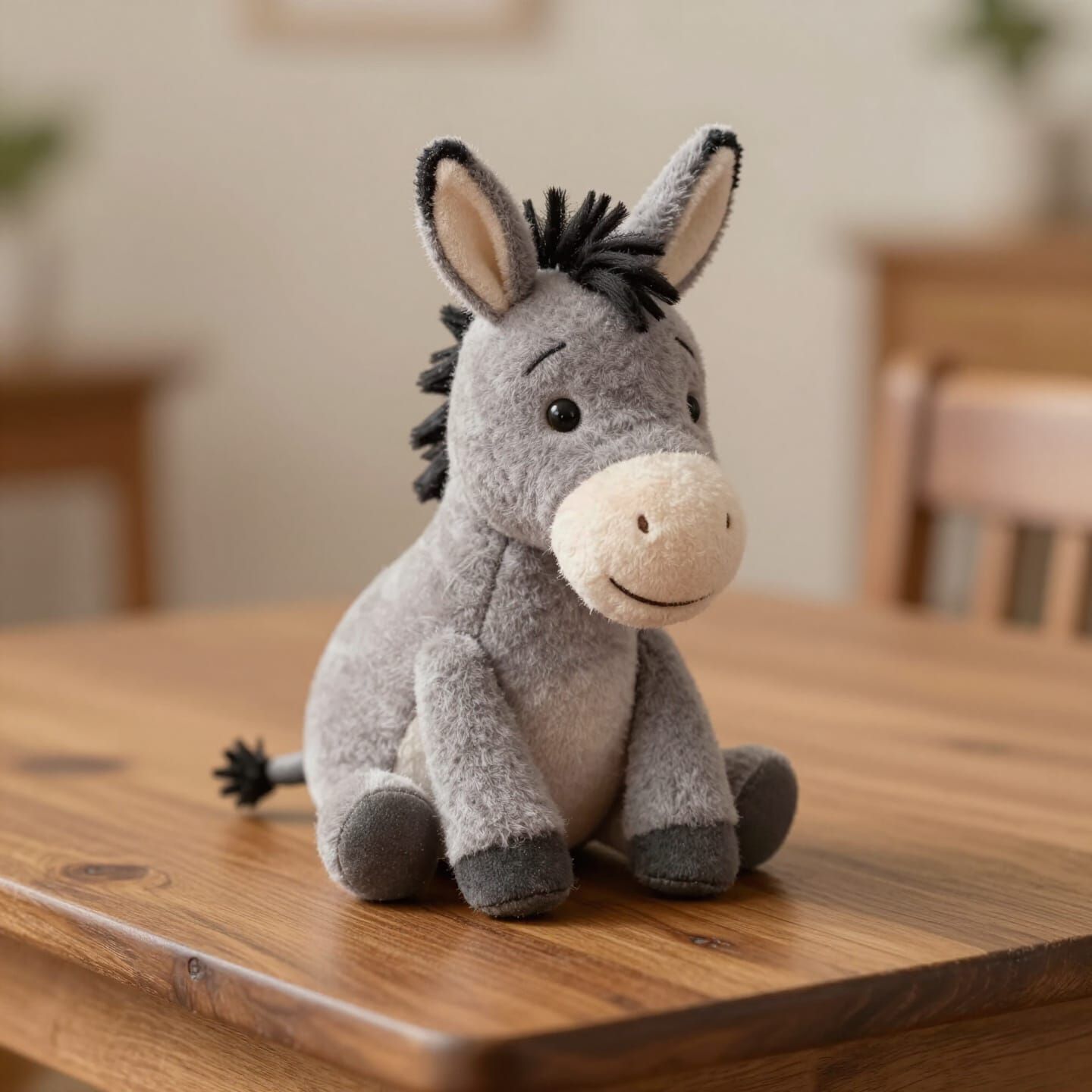 Cute Plush Donkey on Wooden Table in Soft Light