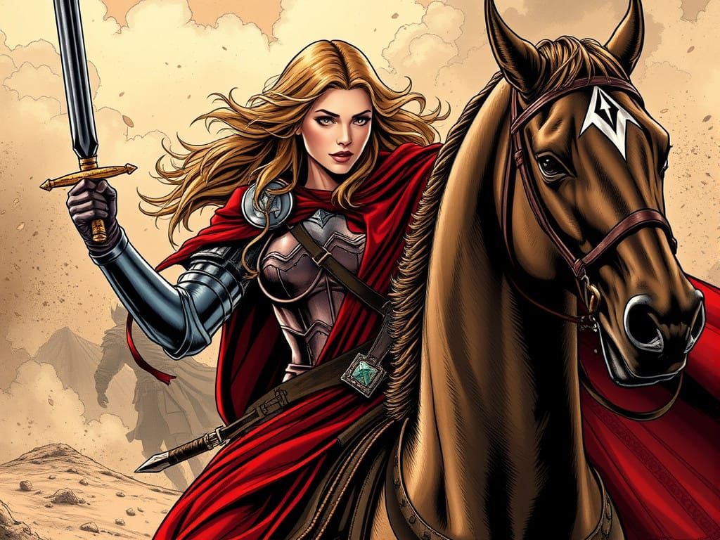 Heroic Female Warrior Surmounts the Battlefield