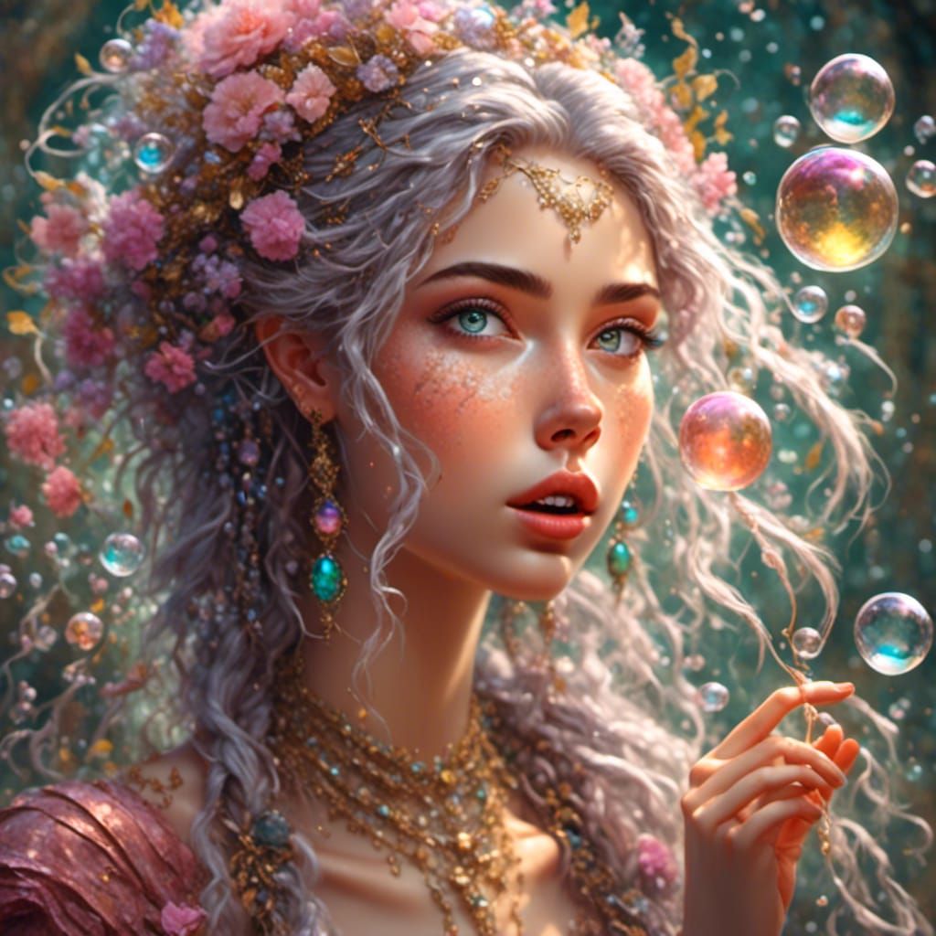 Woman Blowing Bubble Heart Kiss in Photorealism