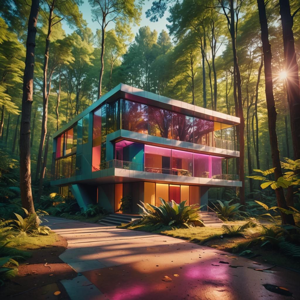Sleek Futuristic Abode Shines Amidst Lush Forest in Vibrant....