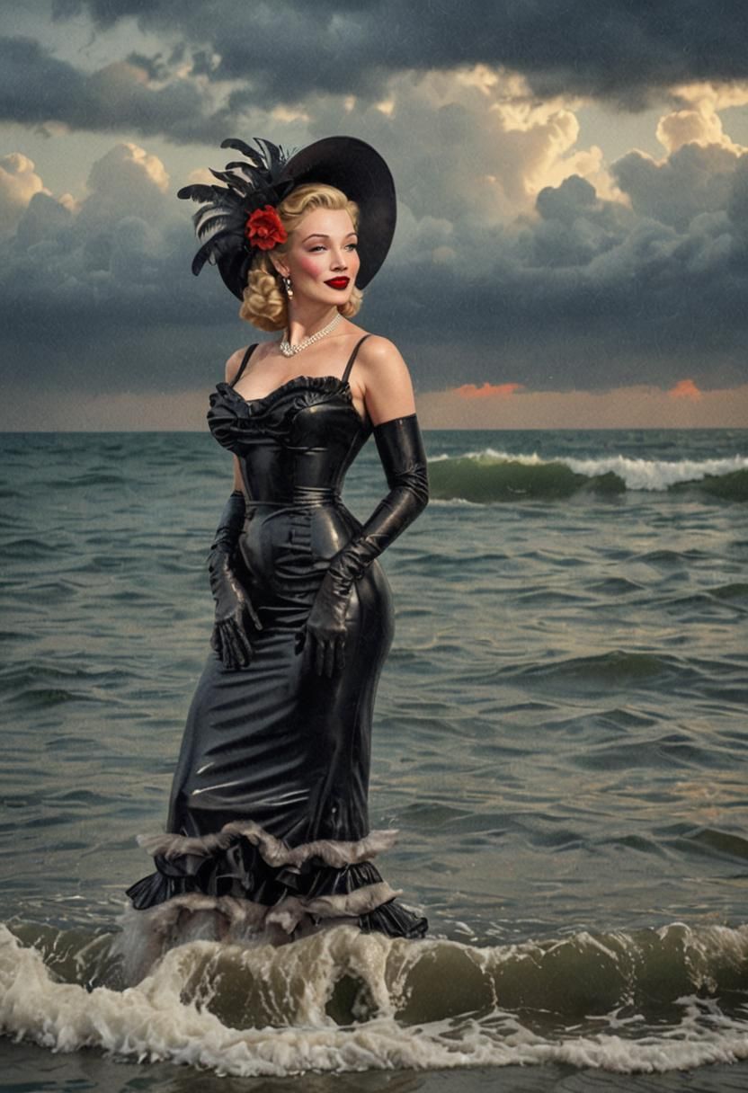 Glamorous Women in Evening Wear Standing in the Sea