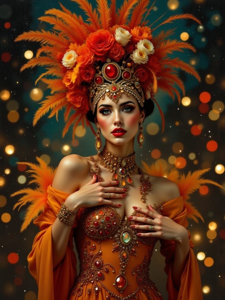 Regal Carnival Dancer in Klimt-Inspired Art Deco