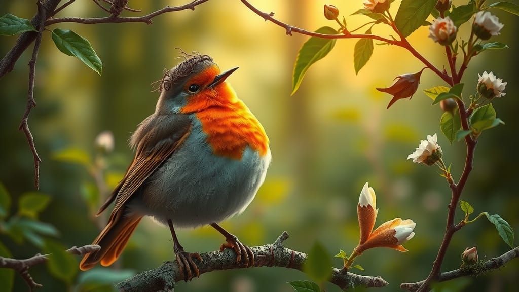 Robin with Floral Crown in Verdant Forest Illustration