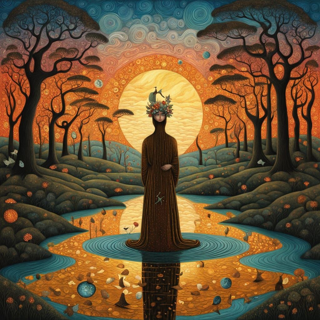 Mystical Shaman Collects Mirror Shards in Sunset Labyrinth