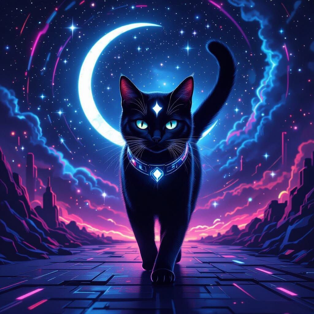 Cyberpunk Cat Strides Through Neon Cosmos