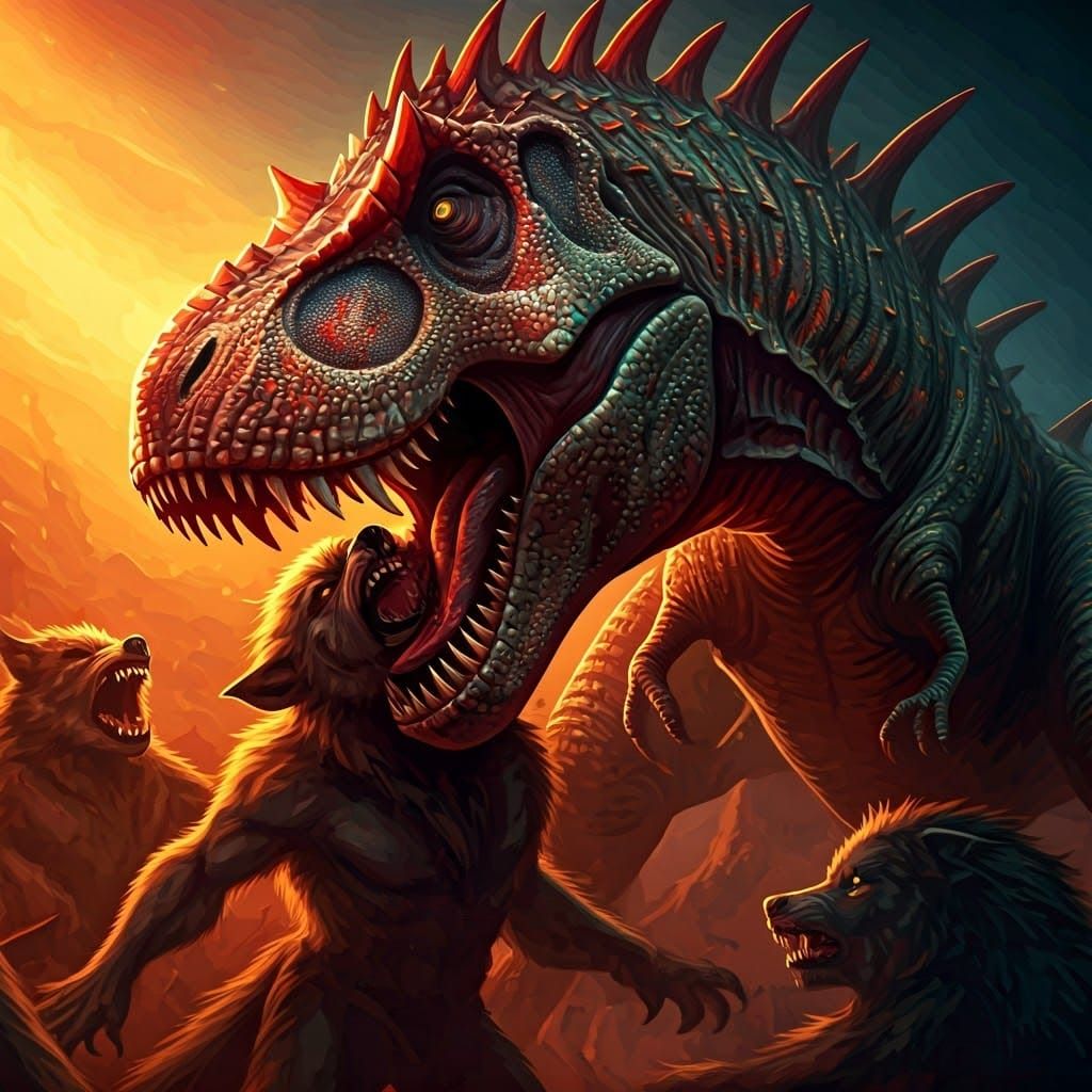 Iridescent T-Rex Battles Werewolves in Hyper-Realistic Style