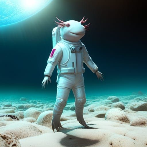 Astronaut Axolotl in Ocean, Detailed Digital Painting
