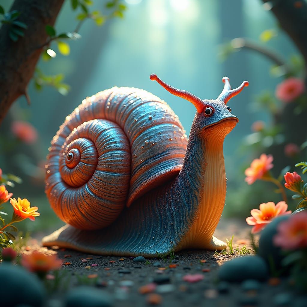 Whimsical Grandma Snail in a Magical Landscape