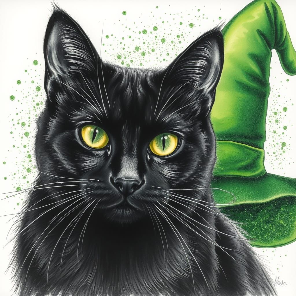 Green-Eyed Black Cat in Hyperdetailed Charcoal Drawing
