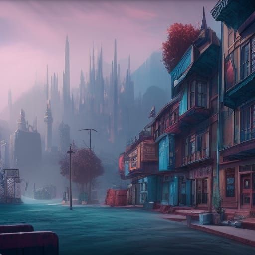 Fantastical Lofi Town Concept Art in Deep Color