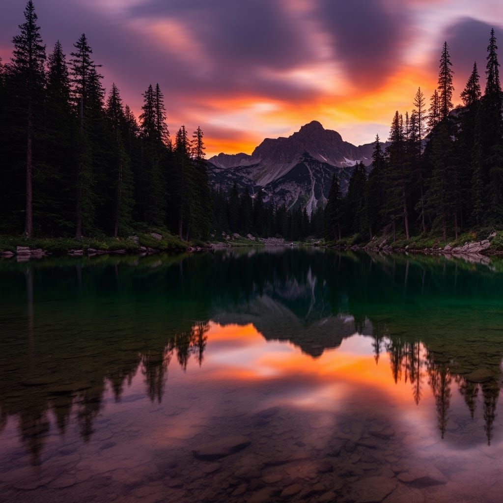 Vibrant Sunset Over Serene Mountain Lake in Impressive Detai...