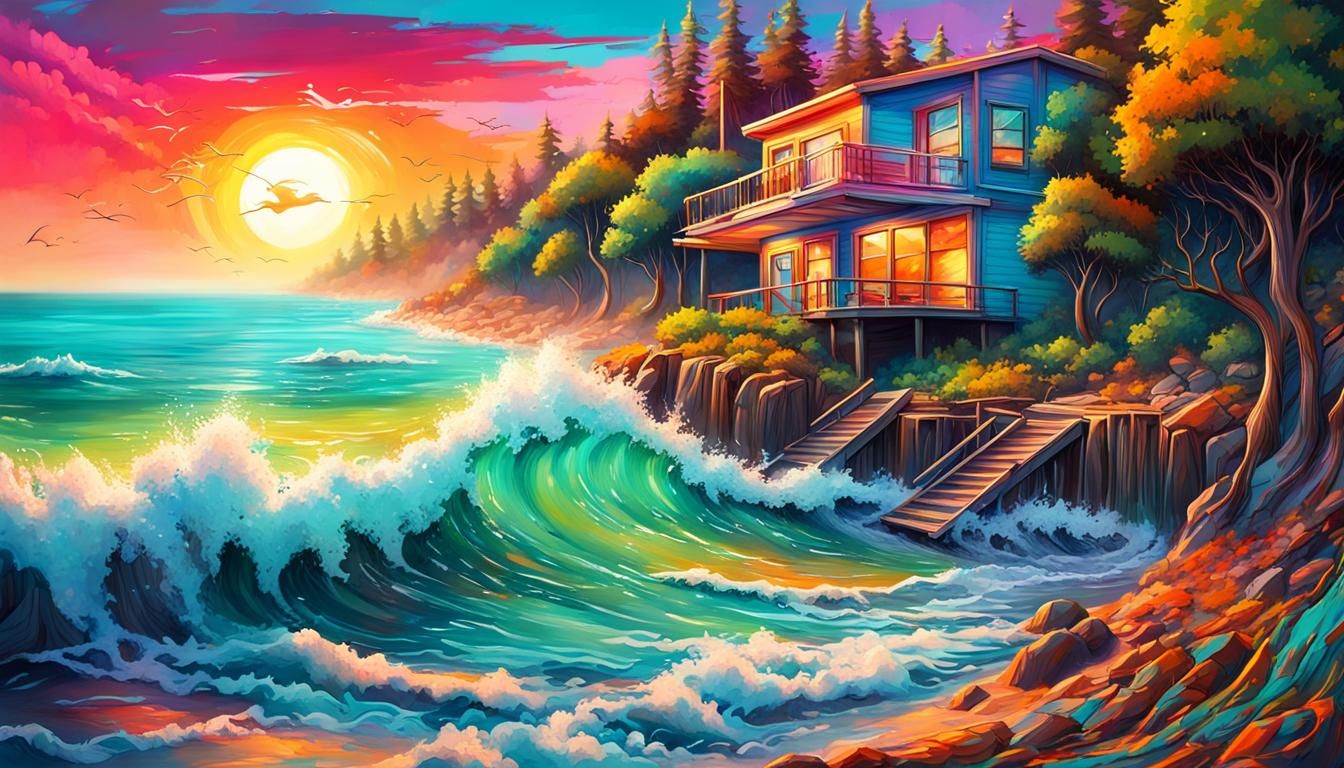 Futuristic Beach House Graffiti Art with Ocean Waves
