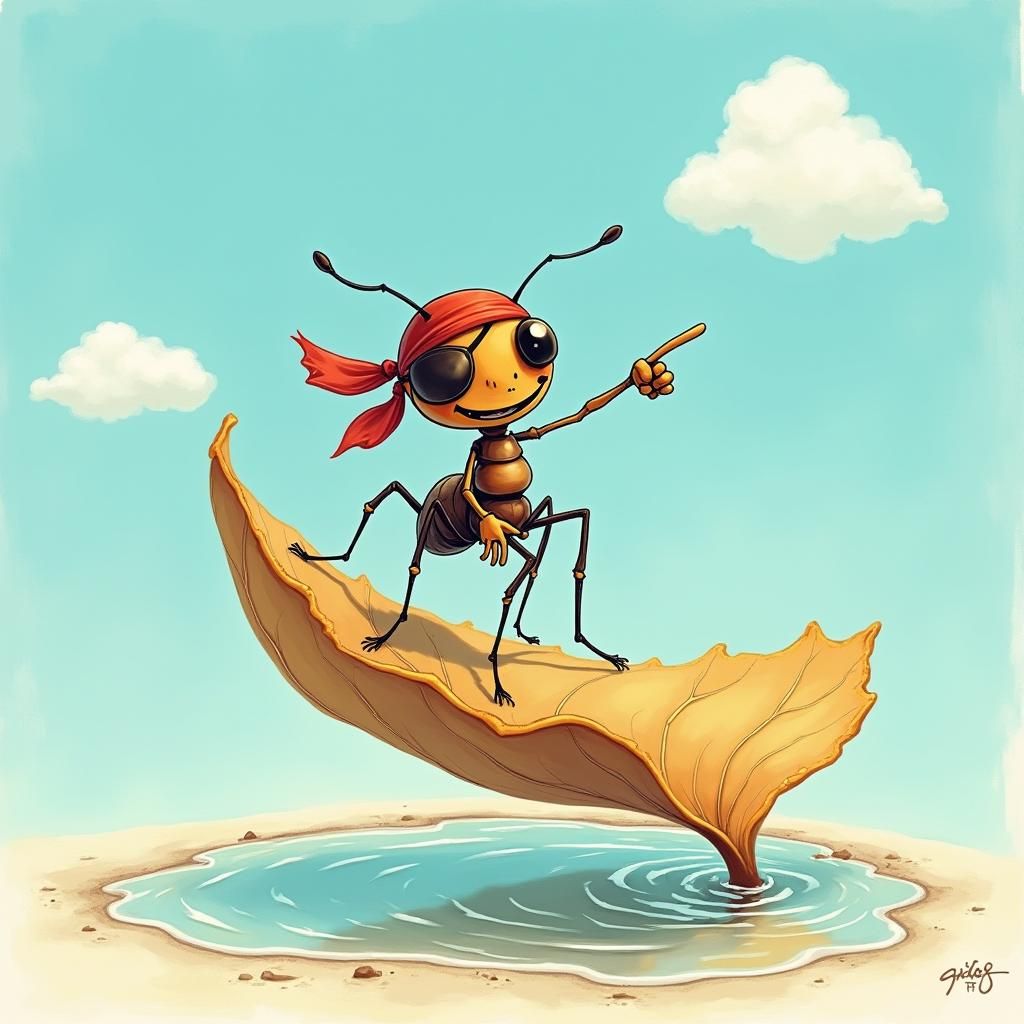 Ant Pirate on Leaf in Mordillo Style