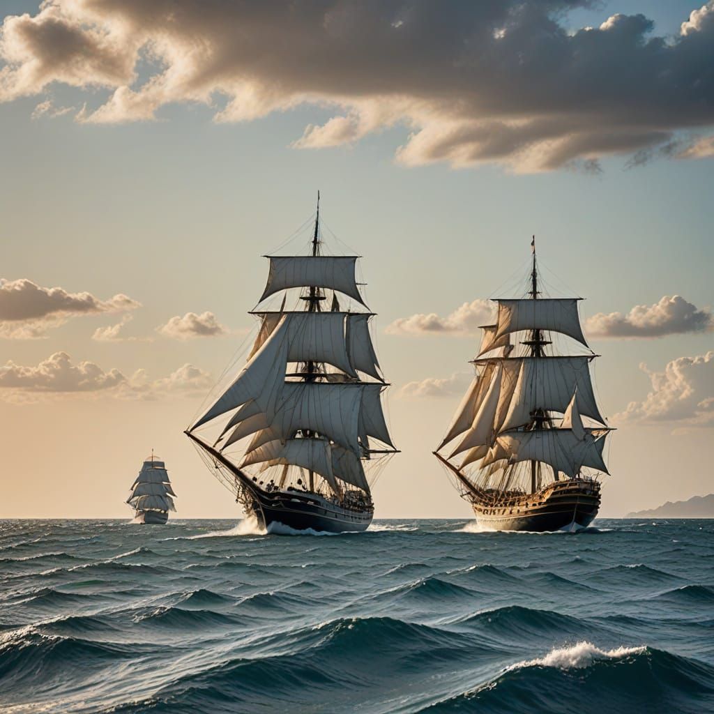 Two old sailing ships are sailing beside each other on the calm ocean