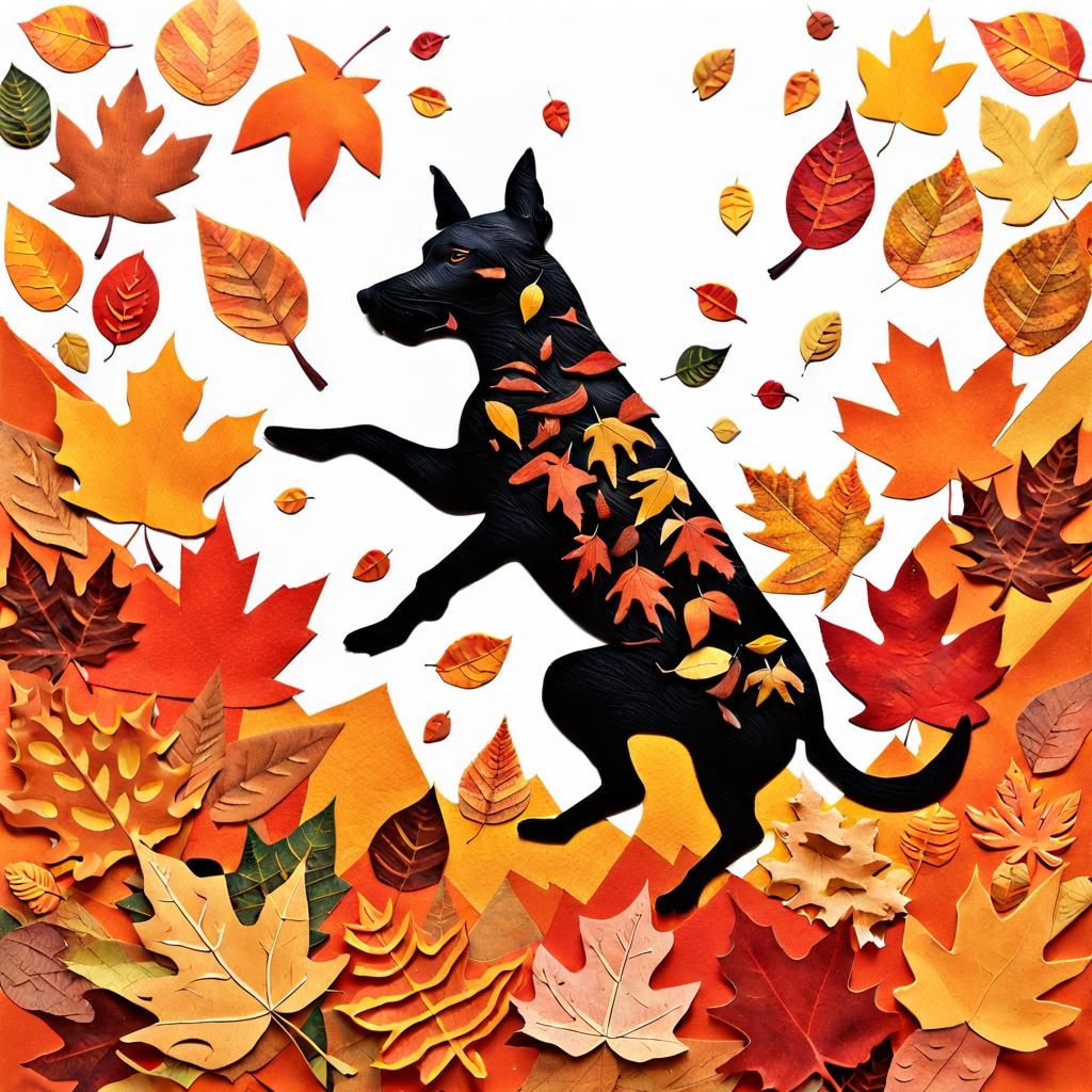 Dog Jumping in Autumn Leaves as Paper Collage