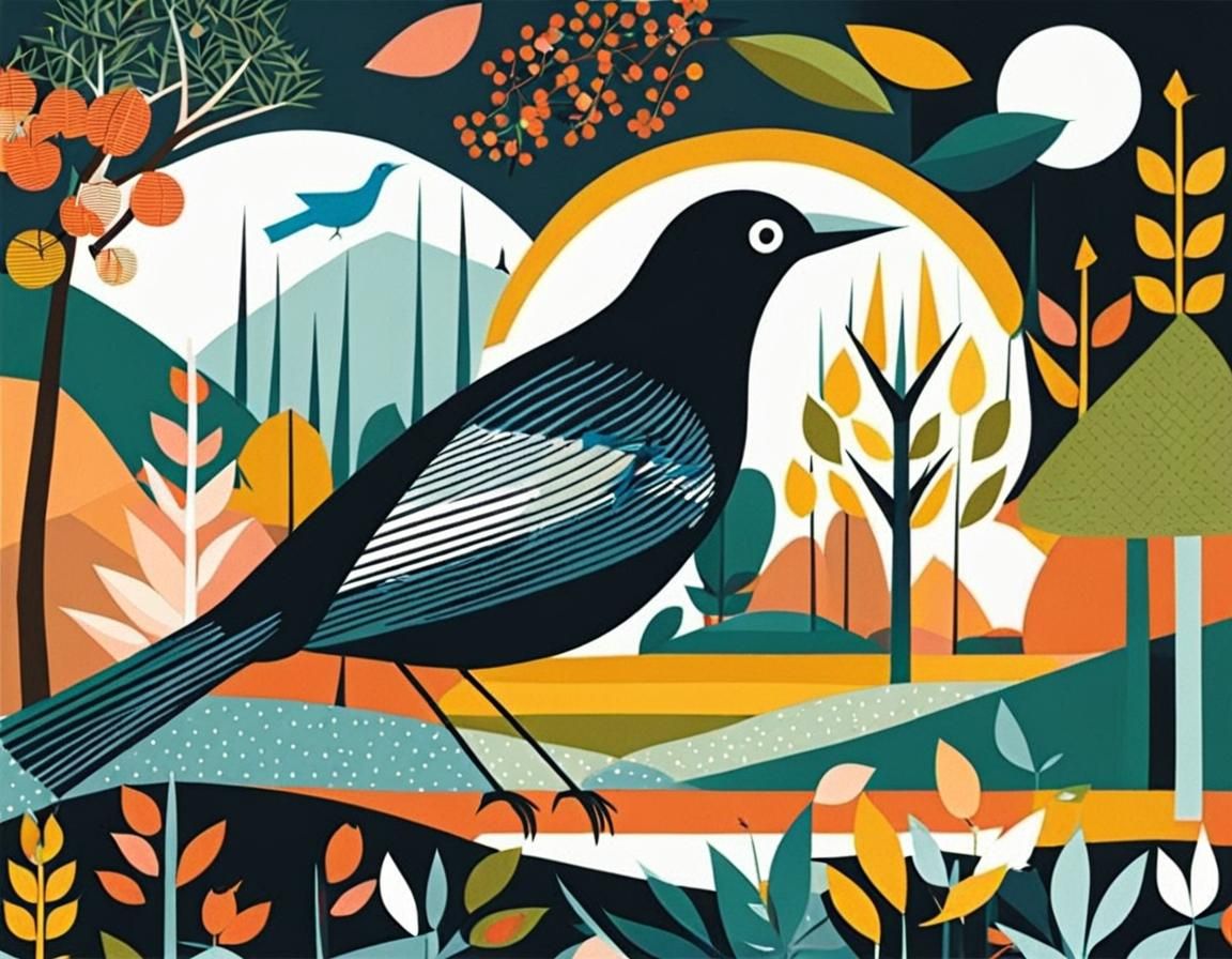 Stylized Birds in Spring Forest, Mid-Century Modern Style