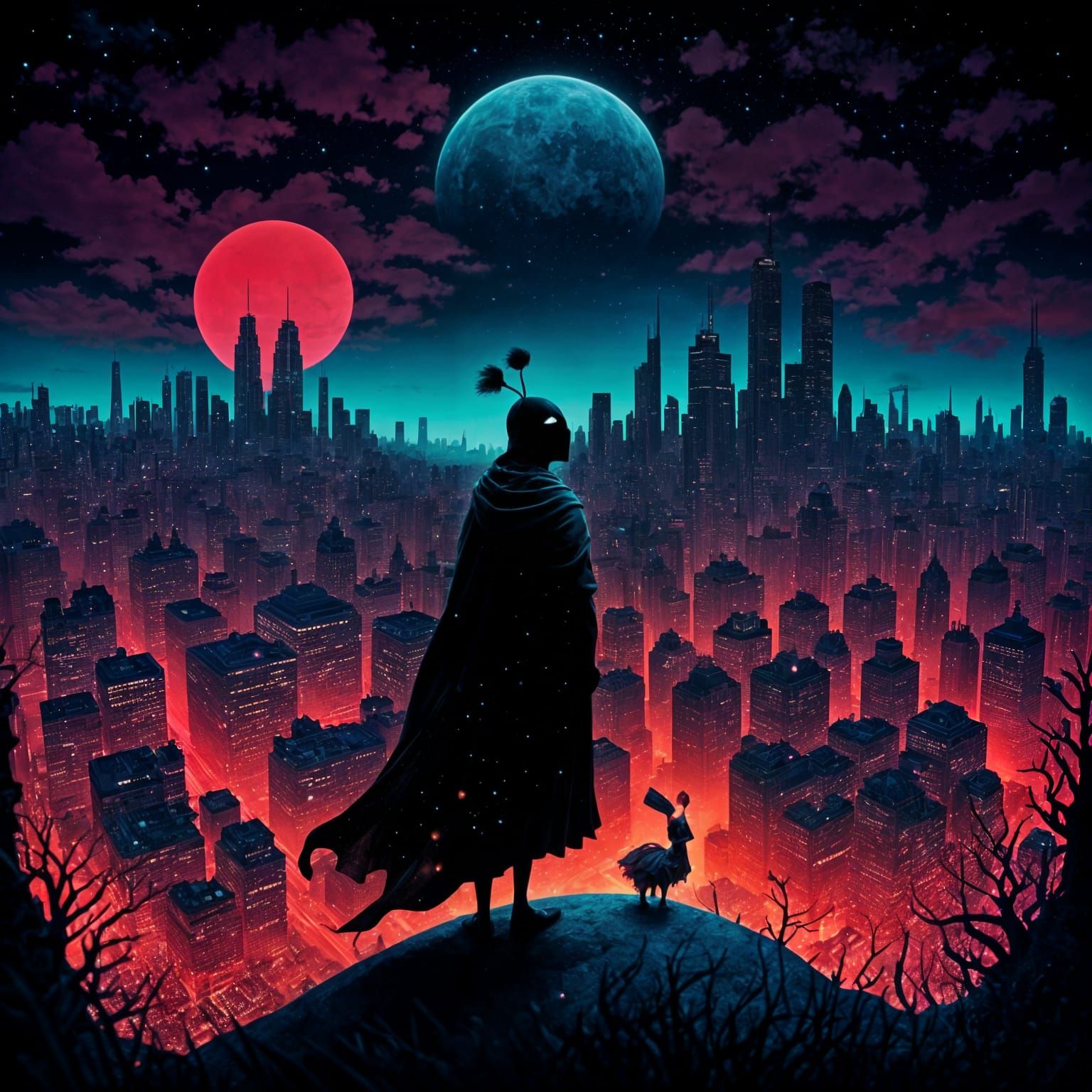 Cloaked Figure in Neon Cityscape