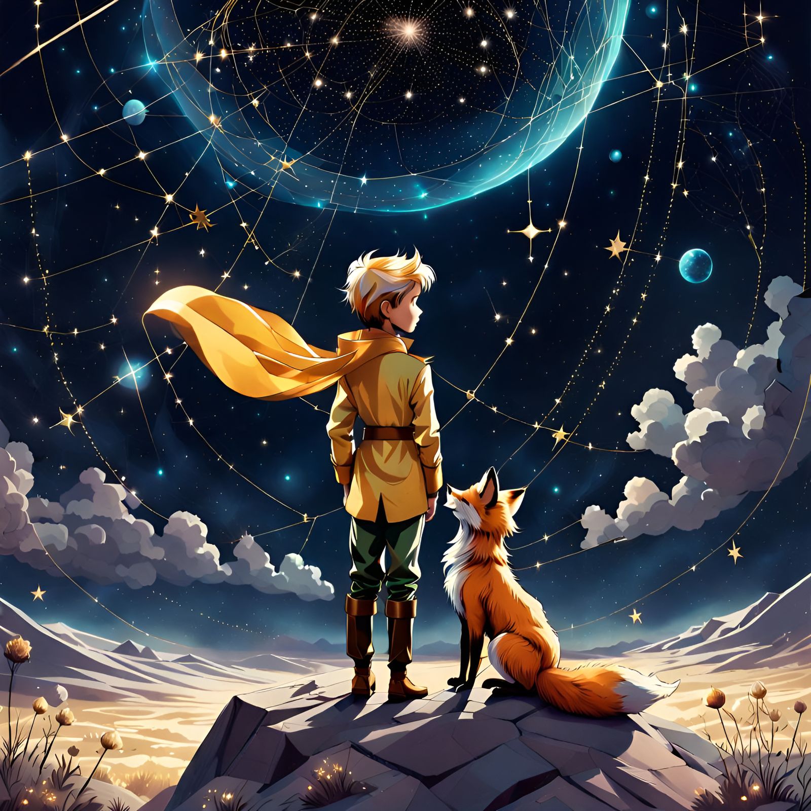 The Little Prince and Fox Among Constellations