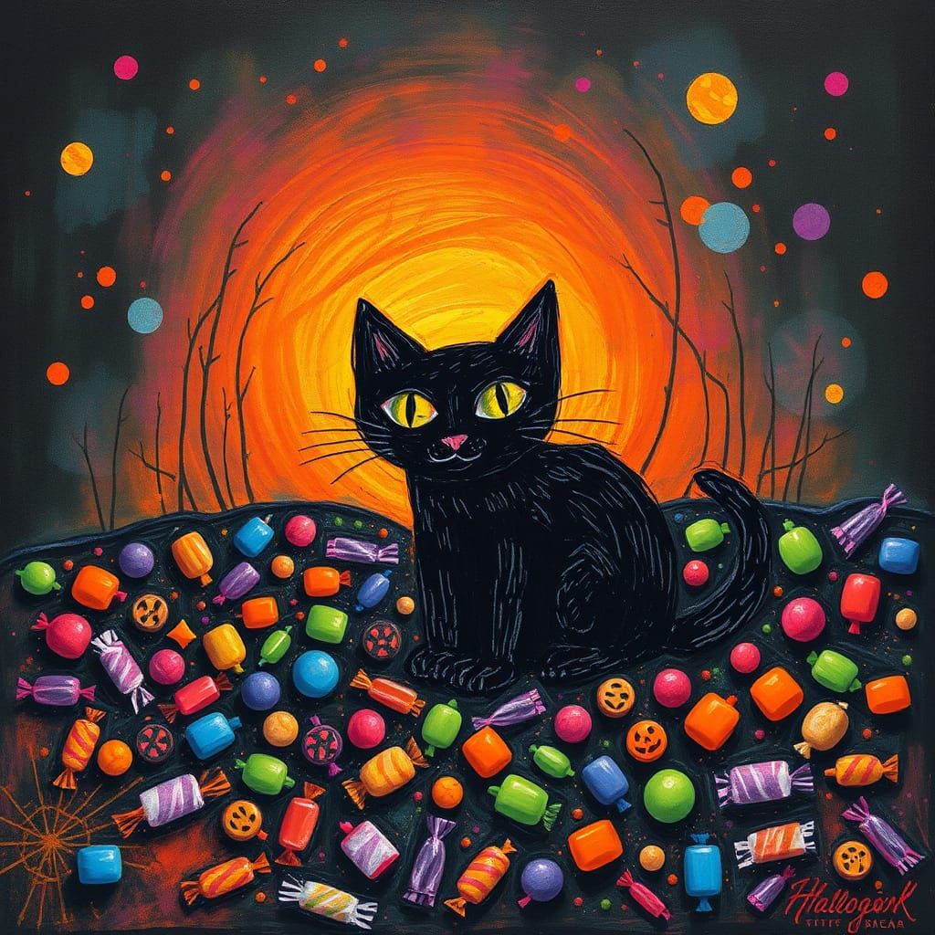 Whimsical Halloween Cat in Surreal Mixed-Media Style