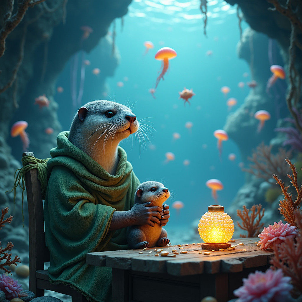 Sea Otters Gaze at Aquarell Underwater Cityscape