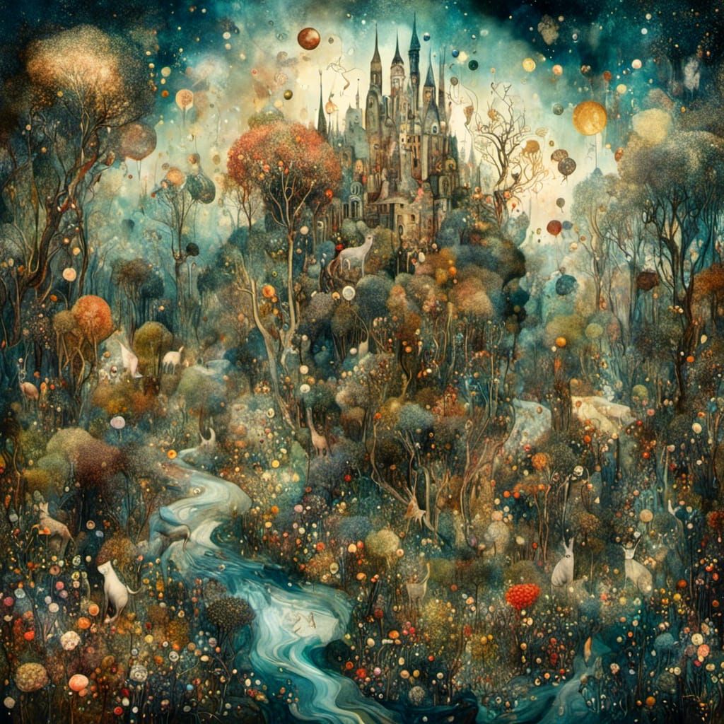 <lora:AbstractWhimsicalXL:1.0> <lora:AbstractSurrealXL:1.0> Surreal picture of a whimsical landscape full of forest anim...