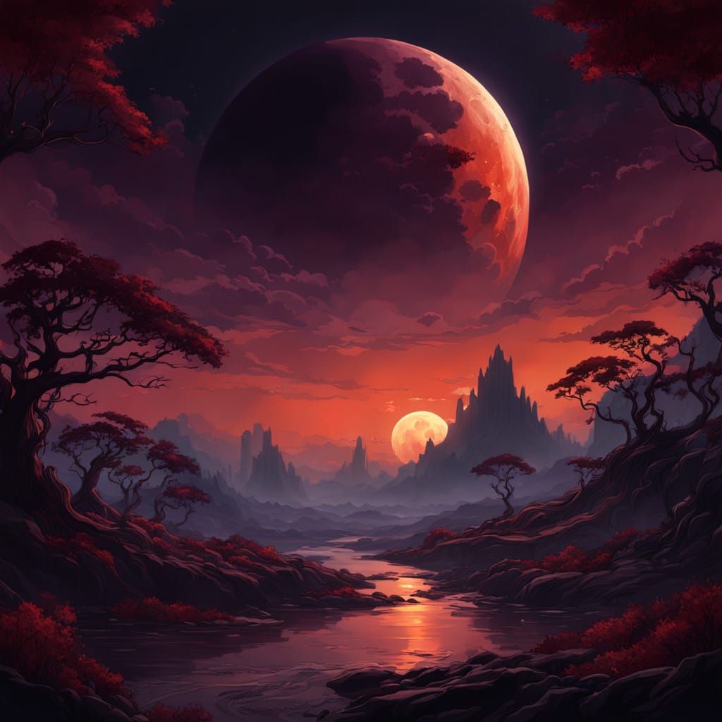 Ethereal Blood Moon Illuminates Dark Fantasy World in Art No...