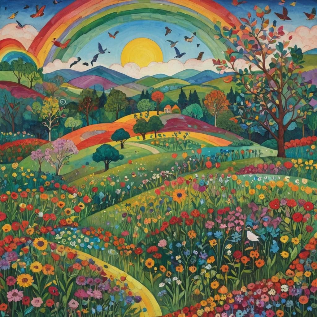 Rainbow Landscape in Folk Art Abstract Style
