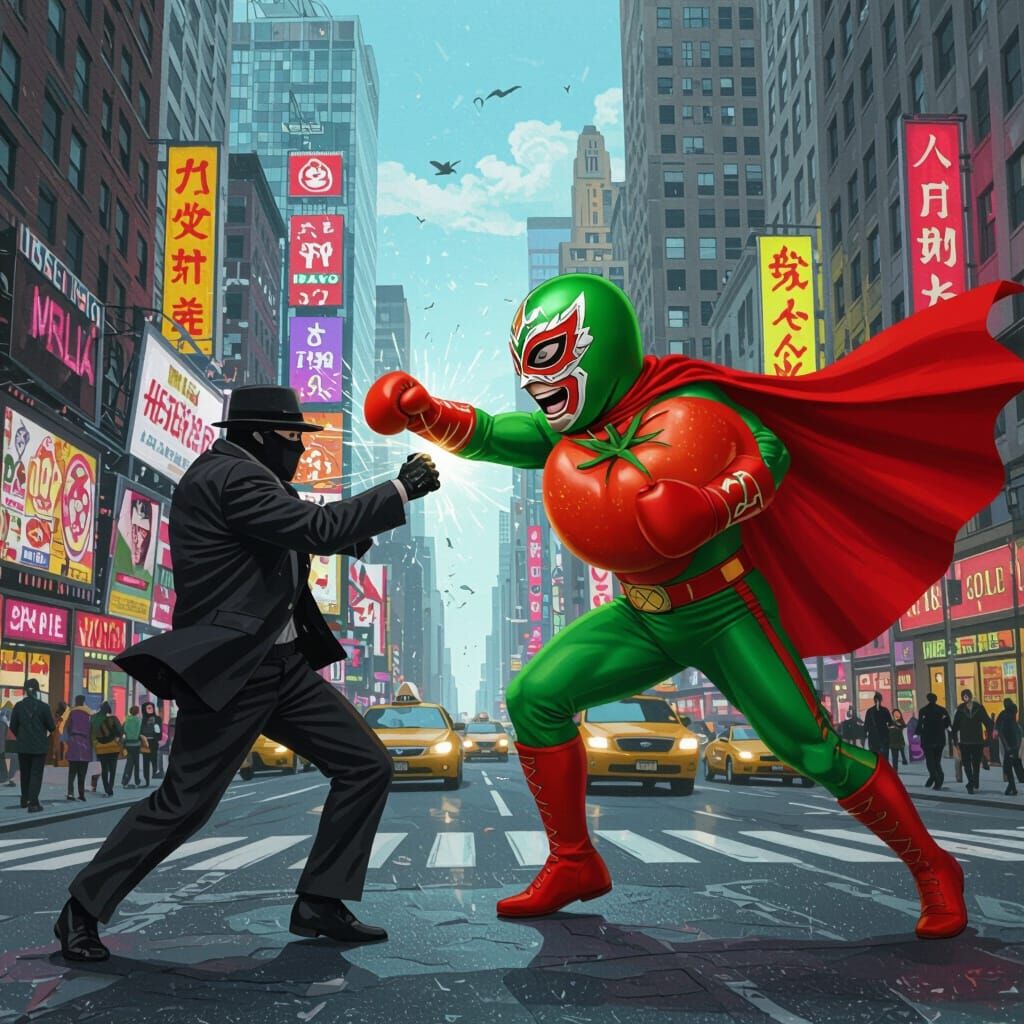 Tomato Superhero Punches Bank Robber: Surreal Comic Art
