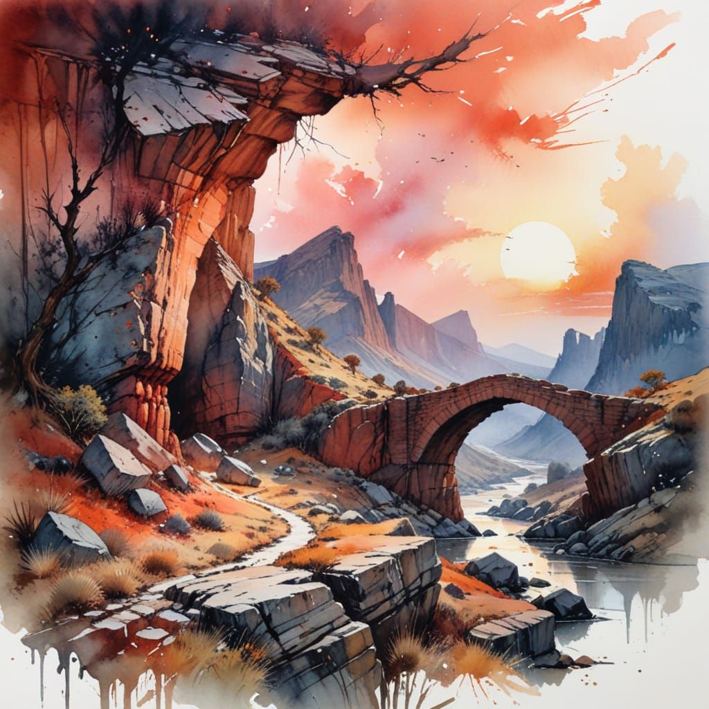 Surreal Desert Canyon at Dusk with Ancient Bridge
