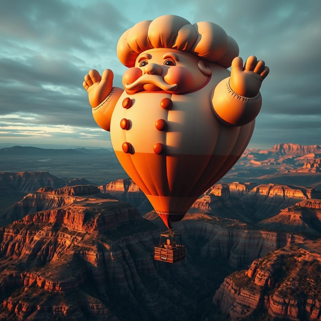 Chef Balloon Soars Over Mountains: Hyperrealistic Image