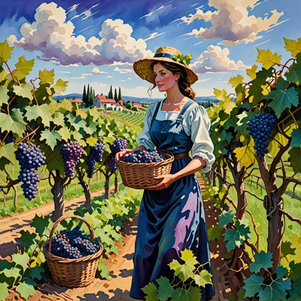 Ethereal Grape Harvest Scene in Vibrant Gouache