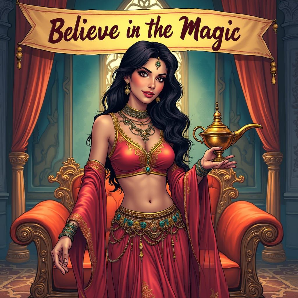 Arabian Woman with Genie Lamp in Ornate Room